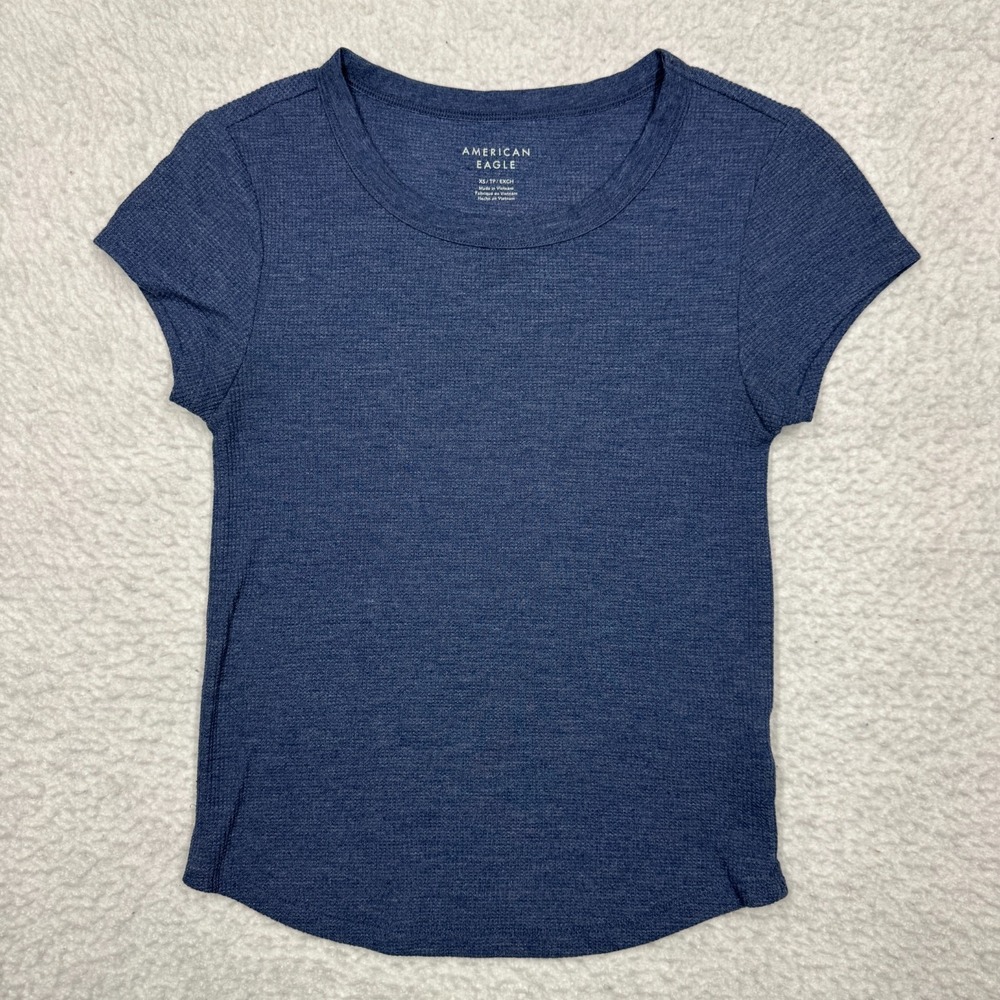 American Eagle Shirt Blue Ribbed Knit Short Sleeve Crewneck Solid‎ Women's XS